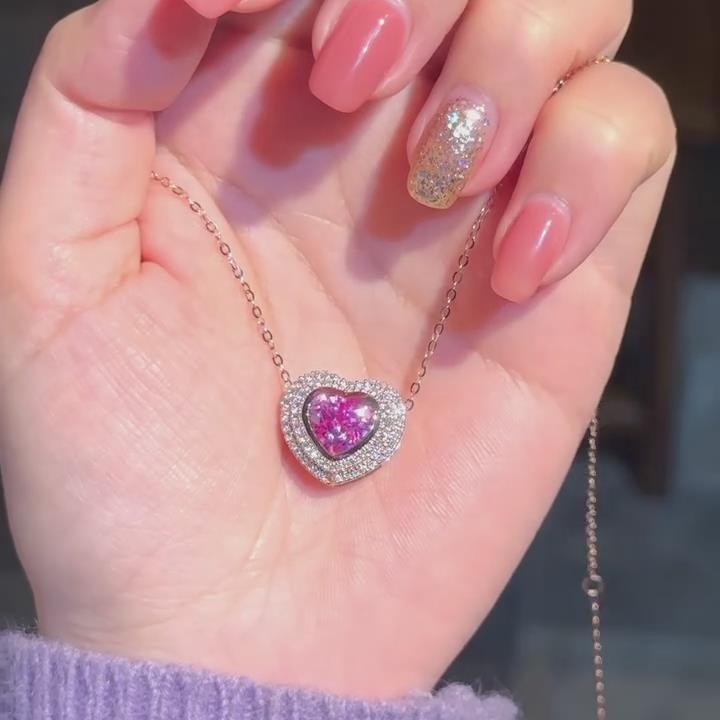 Heart Cut Fancy Pink 925 Sterling Silver Rose Gold Halo Pendant Necklace