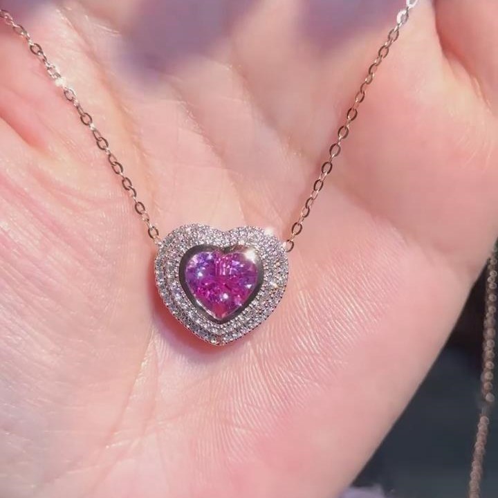 Heart Cut Fancy Pink 925 Sterling Silver Rose Gold Halo Pendant Necklace