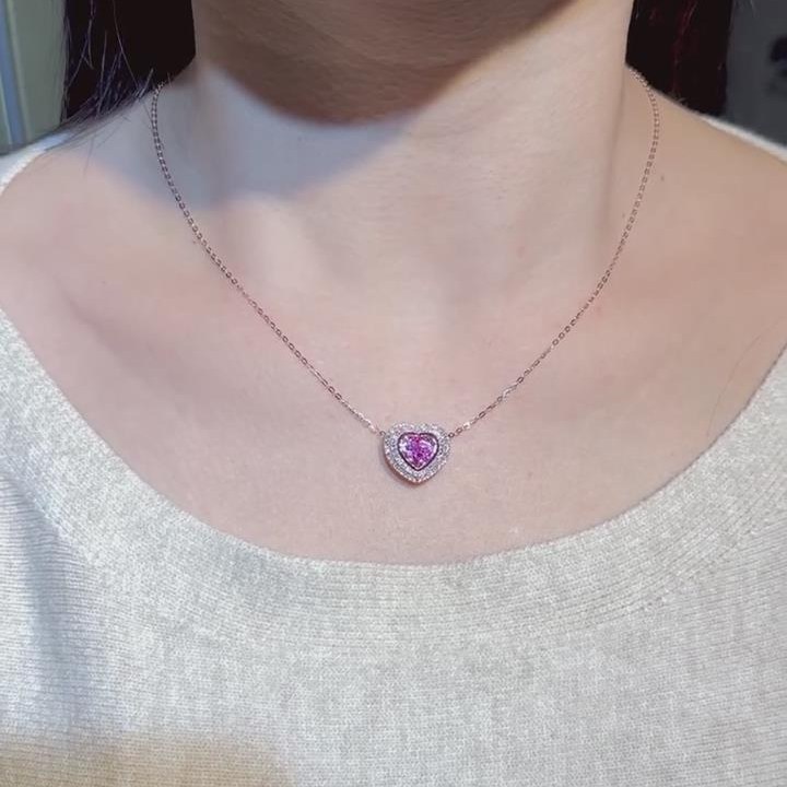Heart Cut Fancy Pink 925 Sterling Silver Rose Gold Halo Pendant Necklace
