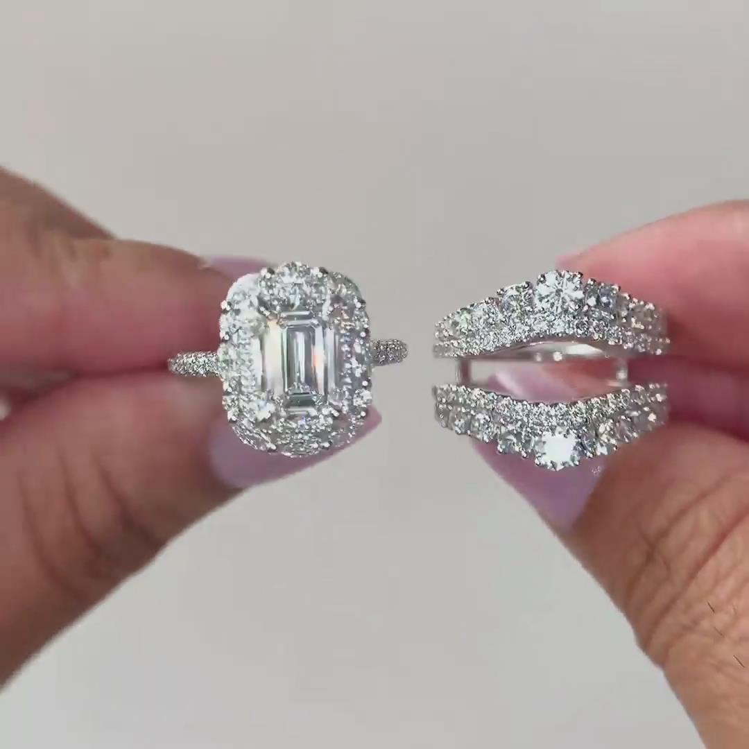Elegant Emerald Cut Diamond White 925 Sterling Silver Insert Halo Bridal Ring Sets