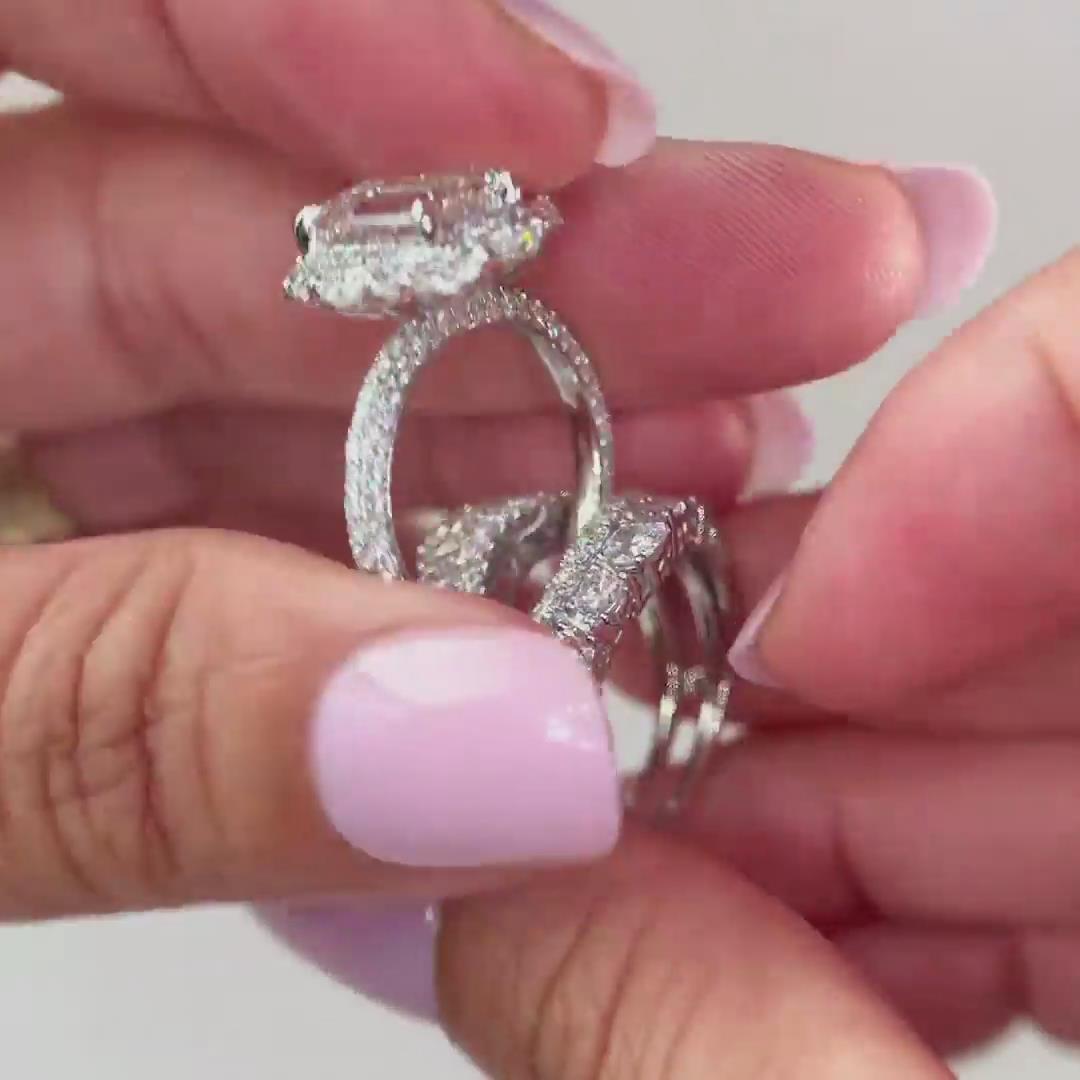 Elegant Emerald Cut Diamond White 925 Sterling Silver Insert Halo Bridal Ring Sets