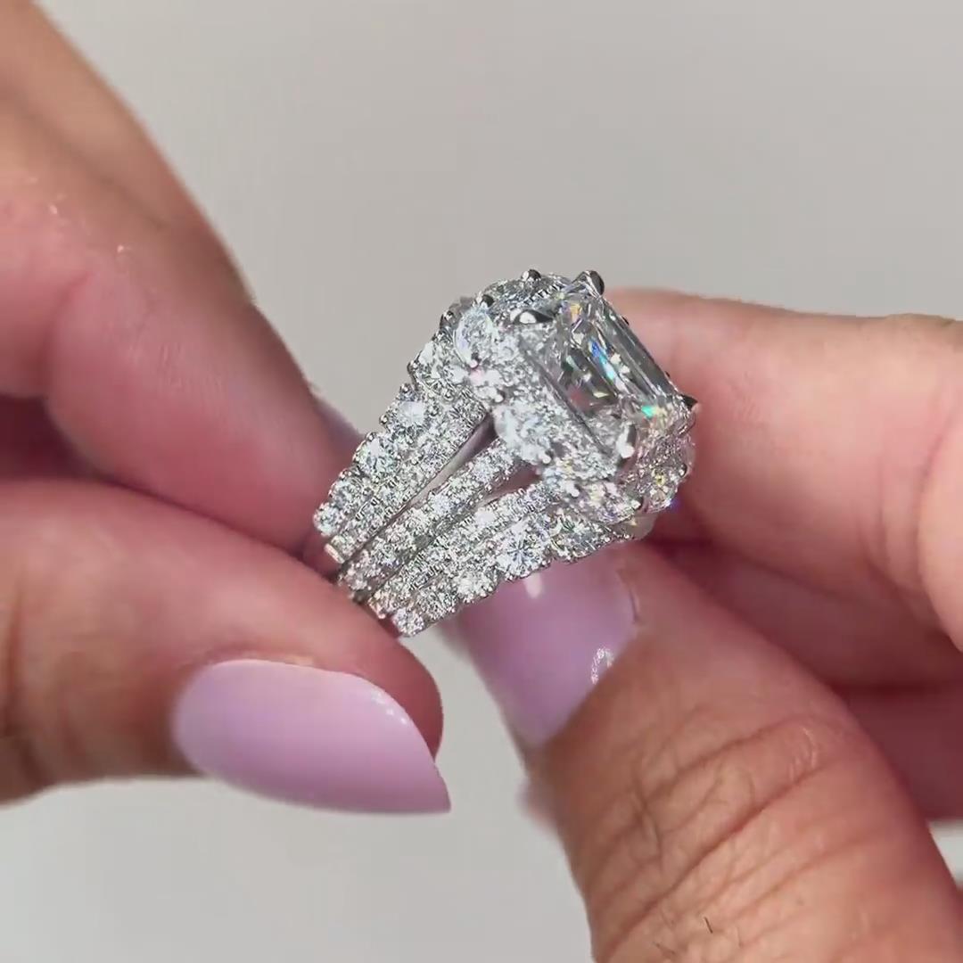 Elegant Emerald Cut Diamond White 925 Sterling Silver Insert Halo Bridal Ring Sets
