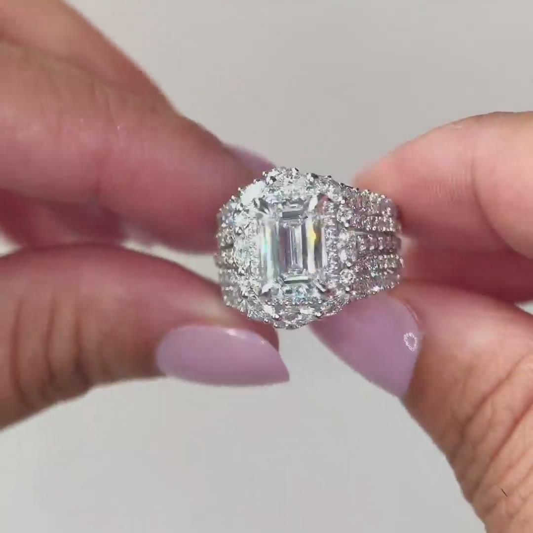 Elegant Emerald Cut Diamond White 925 Sterling Silver Insert Halo Bridal Ring Sets