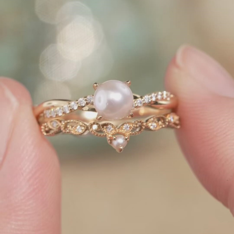 Elegant Round Pearl Sterling Silver Yellow Gold Crown Twisted Bridal Ring Sets