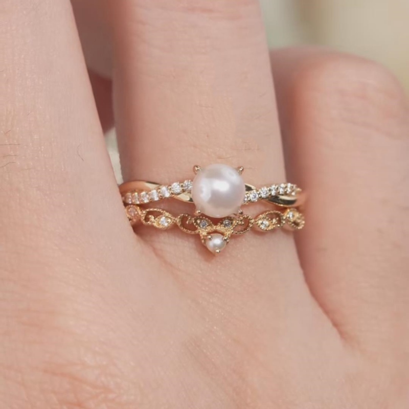 Elegant Round Pearl Sterling Silver Yellow Gold Crown Twisted Bridal Ring Sets