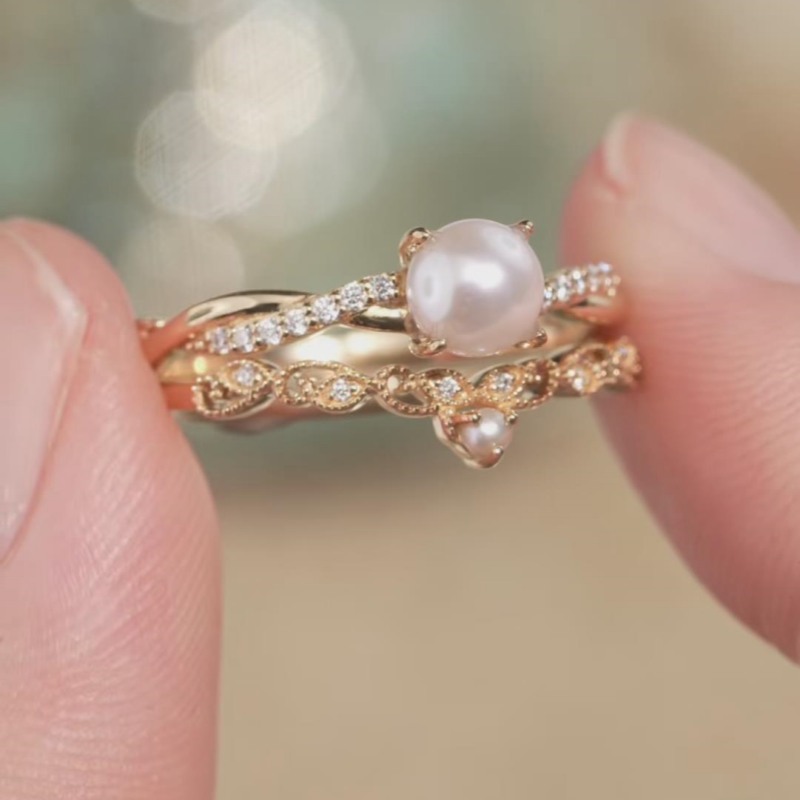 Elegant Round Pearl Sterling Silver Yellow Gold Crown Twisted Bridal Ring Sets
