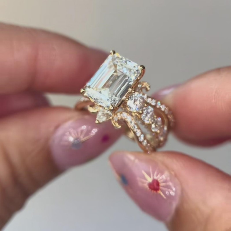Emerald Cut Diamond White Sterling Silver Yellow Gold Enhancer Bridal Ring Sets