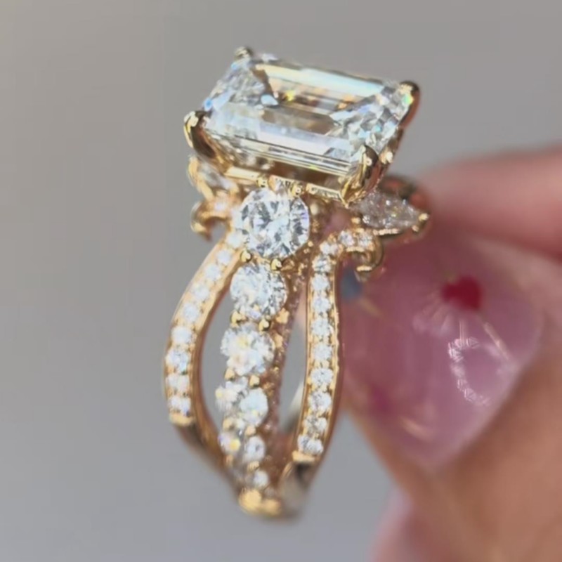 Emerald Cut Diamond White Sterling Silver Yellow Gold Enhancer Bridal Ring Sets