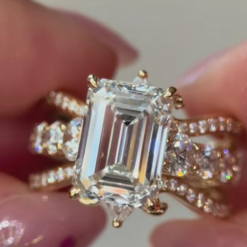Emerald Cut Diamond White Sterling Silver Yellow Gold Enhancer Bridal Ring Sets