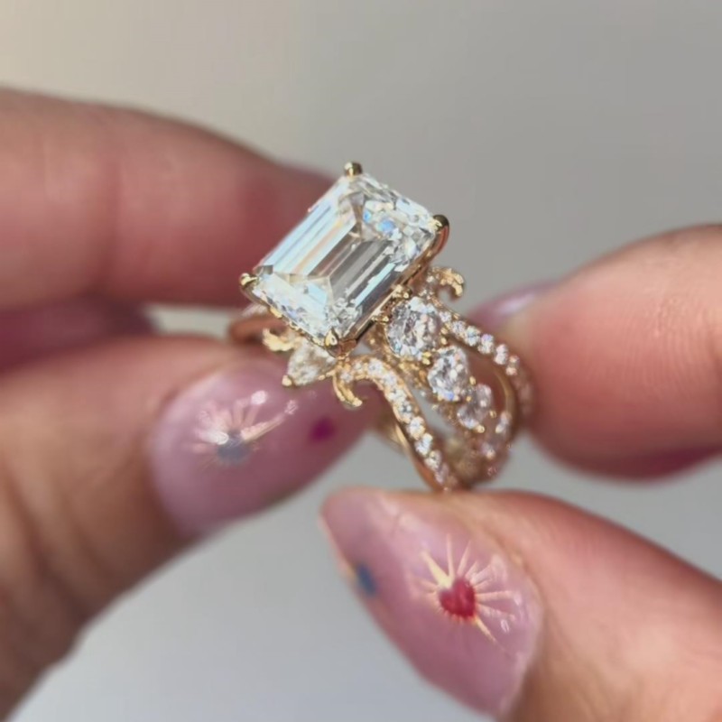 Emerald Cut Diamond White Sterling Silver Yellow Gold Enhancer Bridal Ring Sets