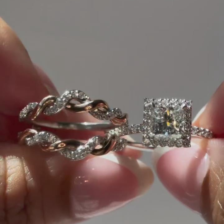 Princess Cut Diamond White 925 Sterling Silver Halo Twisted Engagement Ring Sets