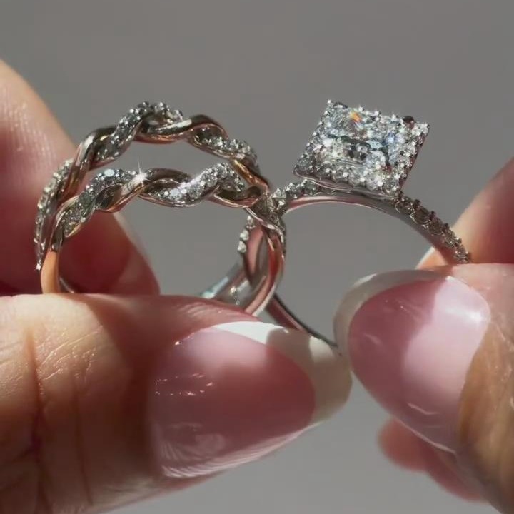 Princess Cut Diamond White 925 Sterling Silver Halo Twisted Engagement Ring Sets