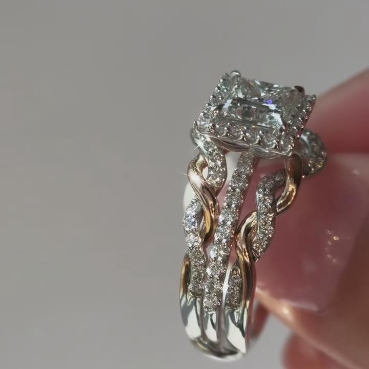 Princess Cut Diamond White 925 Sterling Silver Halo Twisted Engagement Ring Sets