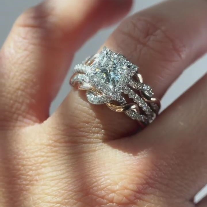 Princess Cut Diamond White 925 Sterling Silver Halo Twisted Engagement Ring Sets