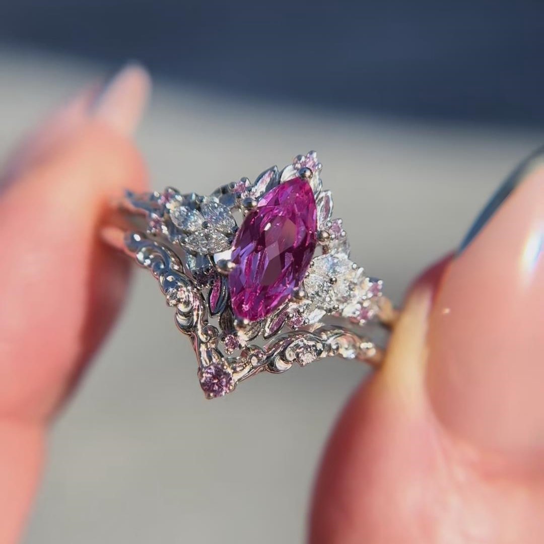 Marquise Cut Fancy Pink 925 Sterling Silver Vintage Enhancer Engagement Ring Sets