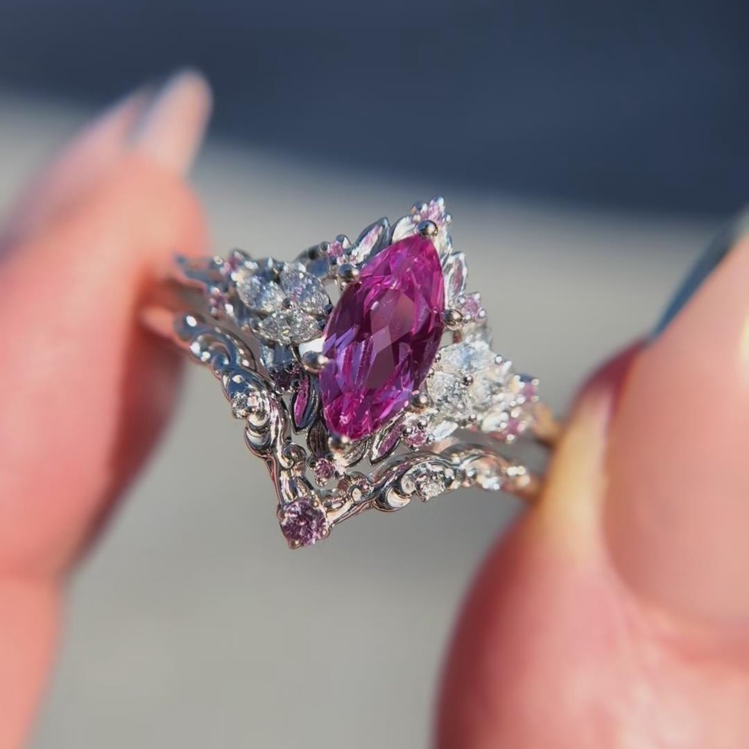 Marquise Cut Fancy Pink 925 Sterling Silver Vintage Enhancer Engagement Ring Sets