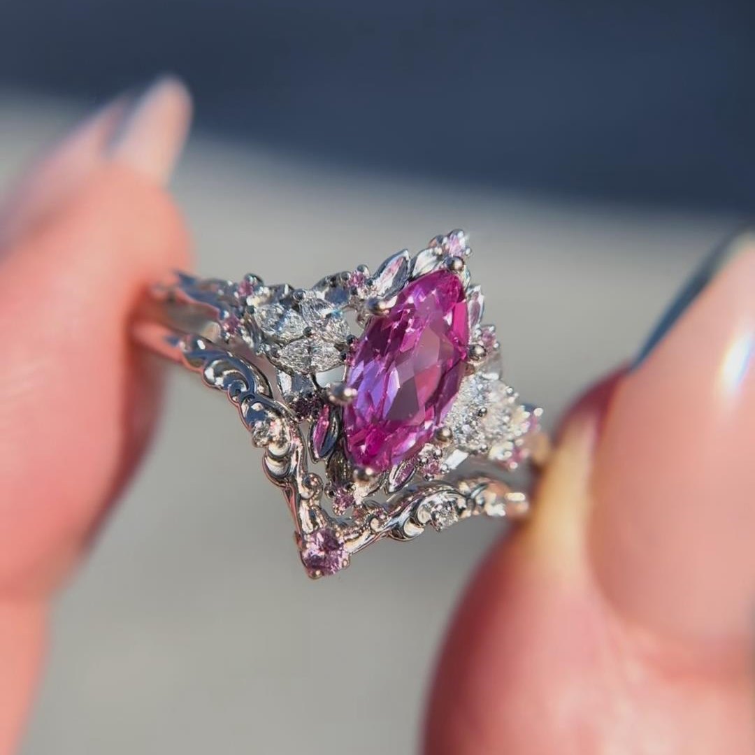 Marquise Cut Fancy Pink 925 Sterling Silver Vintage Enhancer Engagement Ring Sets