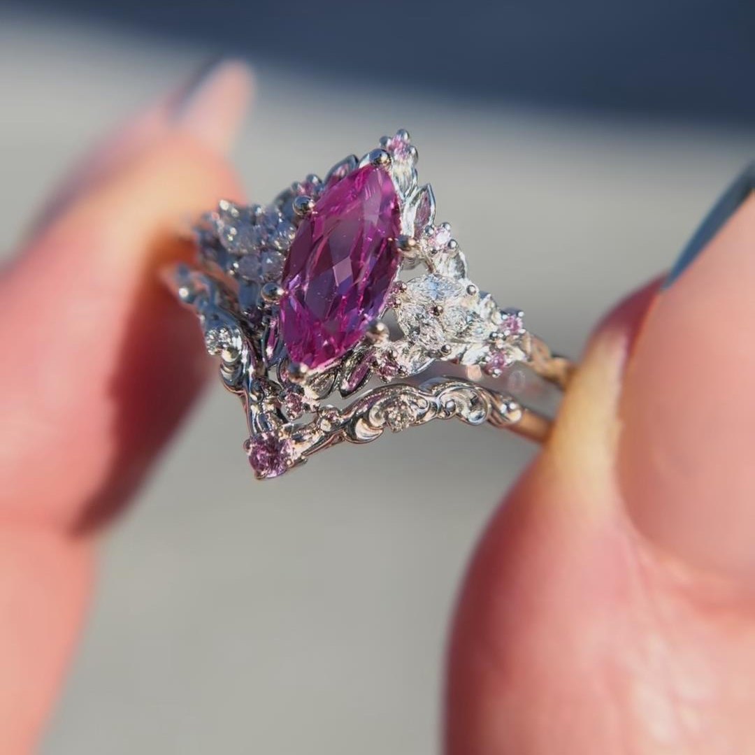 Marquise Cut Fancy Pink 925 Sterling Silver Vintage Enhancer Engagement Ring Sets