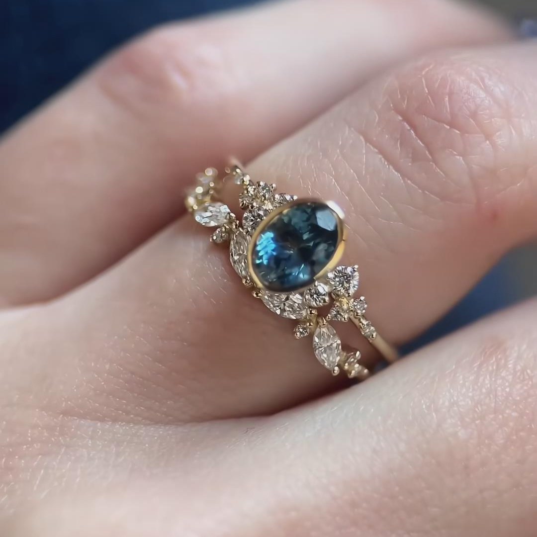 Oval Cut Sapphire Blue Sterling Silver Yellow Gold Enhancer Engagement Ring Sets