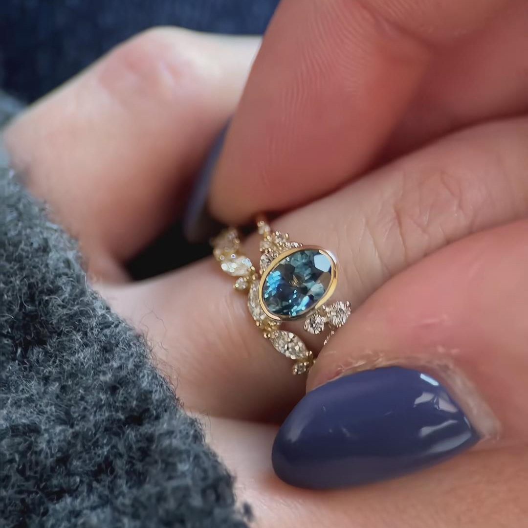 Oval Cut Sapphire Blue Sterling Silver Yellow Gold Enhancer Engagement Ring Sets