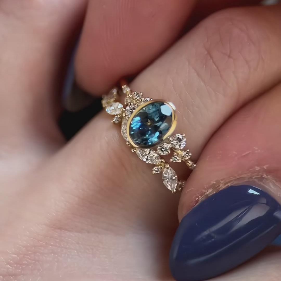 Oval Cut Sapphire Blue Sterling Silver Yellow Gold Enhancer Engagement Ring Sets