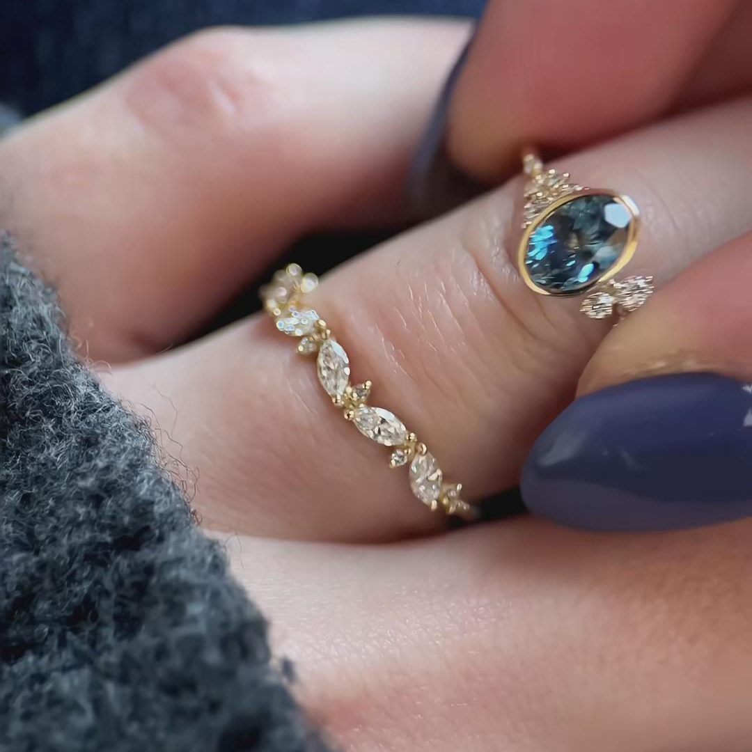 Oval Cut Sapphire Blue Sterling Silver Yellow Gold Enhancer Engagement Ring Sets