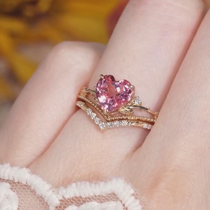 Heart Cut Fancy Pink 925 Sterling Silver Yellow Gold Nature Leaves Ring Sets