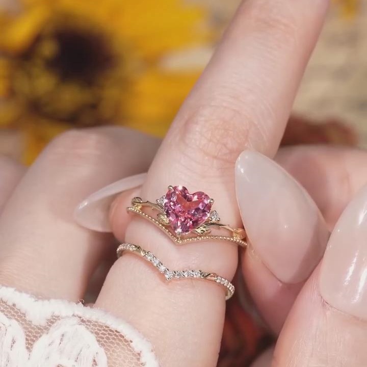 Heart Cut Fancy Pink 925 Sterling Silver Yellow Gold Nature Leaves Ring Sets