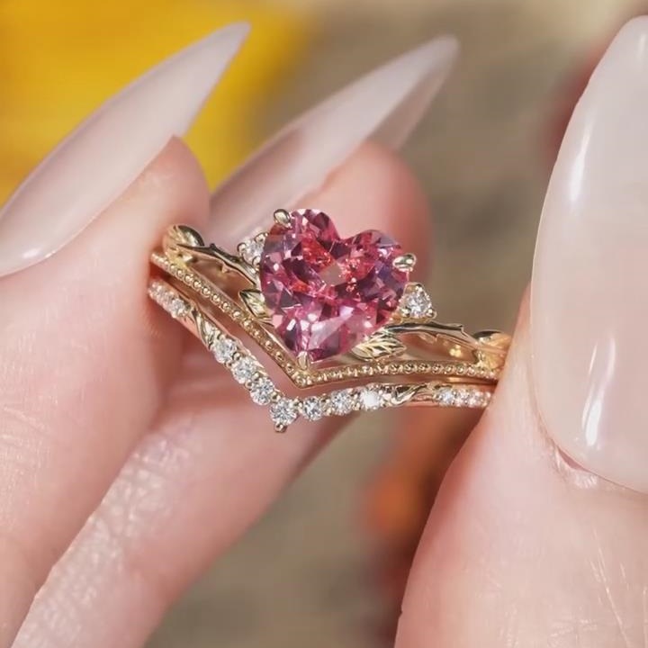 Heart Cut Fancy Pink 925 Sterling Silver Yellow Gold Nature Leaves Ring Sets