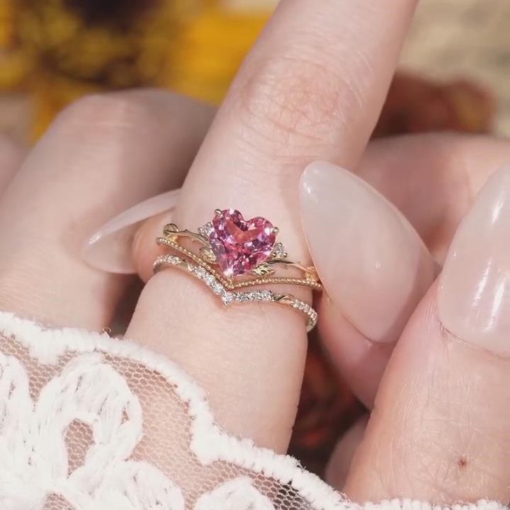 Heart Cut Fancy Pink 925 Sterling Silver Yellow Gold Nature Leaves Ring Sets