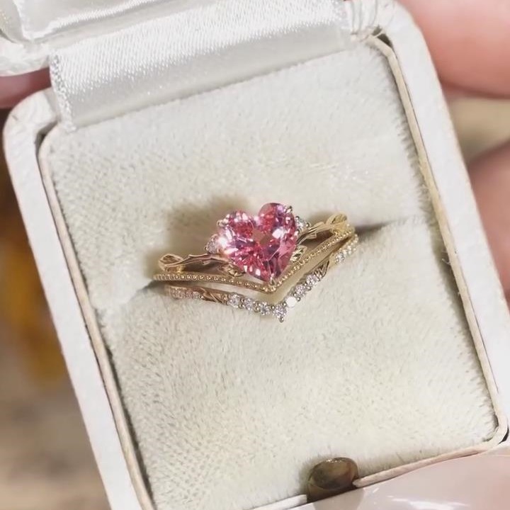 Heart Cut Fancy Pink 925 Sterling Silver Yellow Gold Nature Leaves Ring Sets