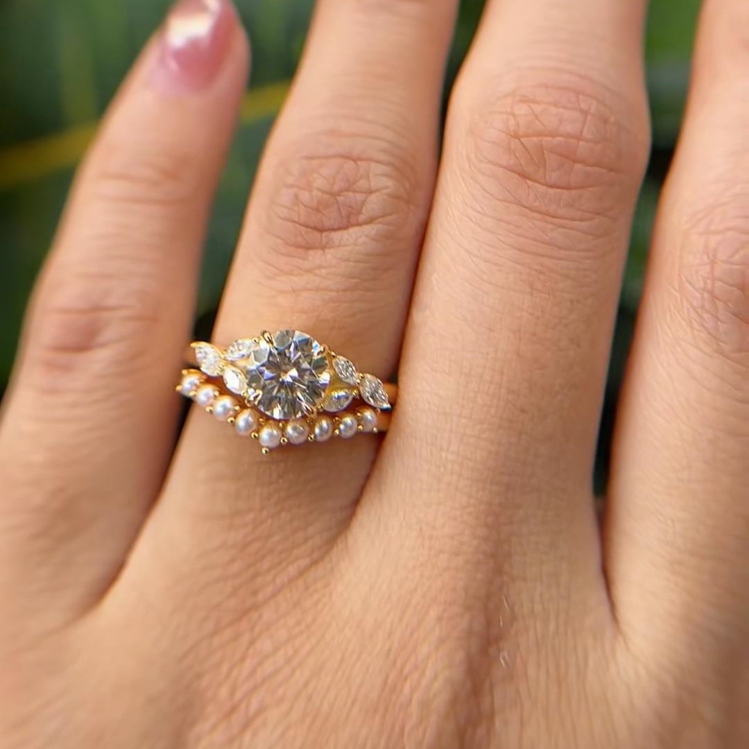 Round Cut Diamond White Sterling Silver Yellow Gold Pearl Ring Sets