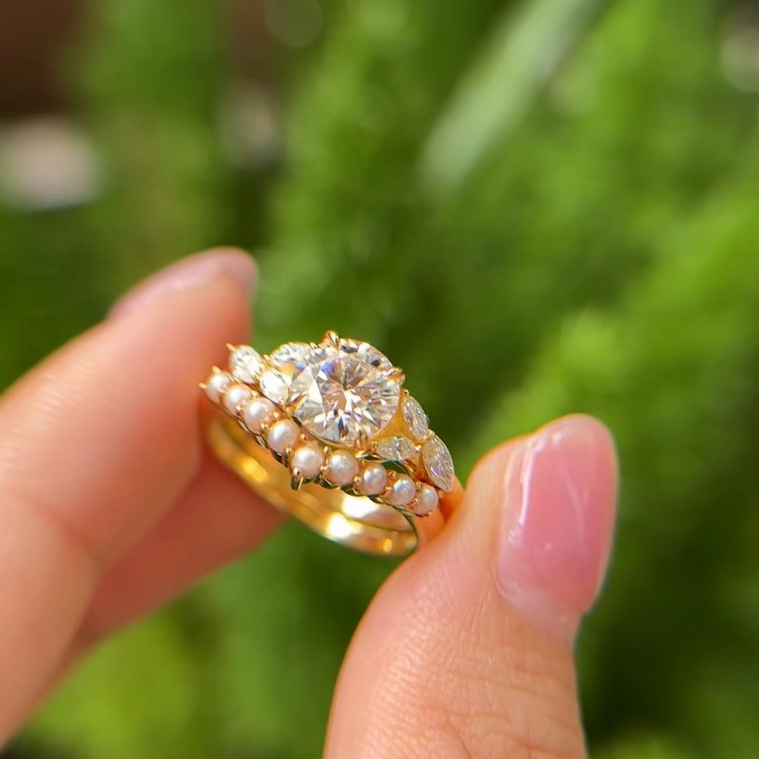 Round Cut Diamond White Sterling Silver Yellow Gold Pearl Ring Sets