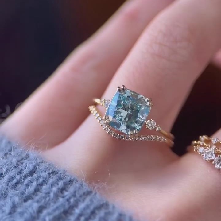 Cushion Cut Aquamarine Blue 925 Sterling Silver Yellow Gold Ring Sets