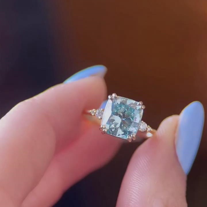 Cushion Cut Aquamarine Blue 925 Sterling Silver Yellow Gold Ring Sets