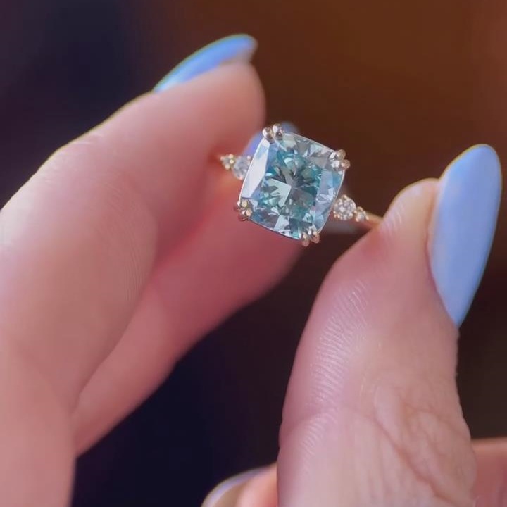 Cushion Cut Aquamarine Blue 925 Sterling Silver Yellow Gold Ring Sets