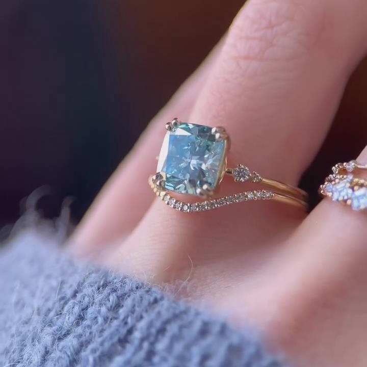 Cushion Cut Aquamarine Blue 925 Sterling Silver Yellow Gold Ring Sets