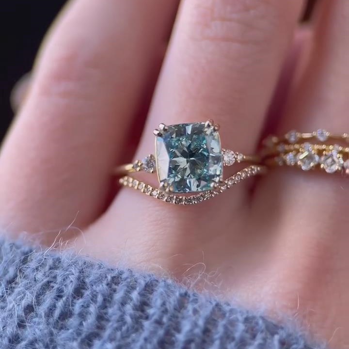 Cushion Cut Aquamarine Blue 925 Sterling Silver Yellow Gold Ring Sets