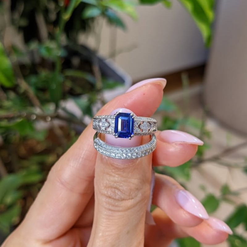 Emerald Cut Sapphire Blue Sterling Silver Bridal Ring Sets