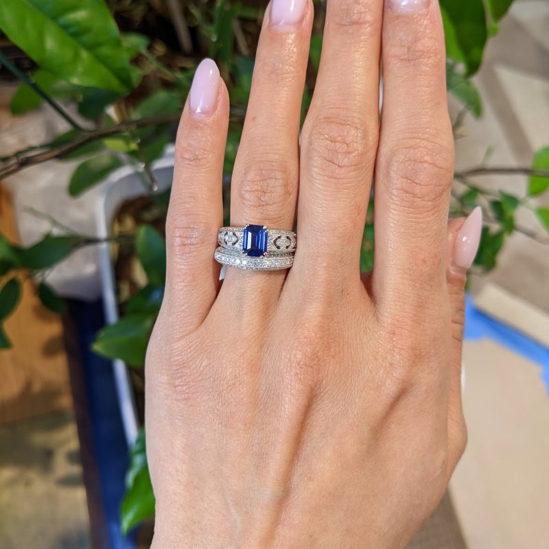 Emerald Cut Sapphire Blue Sterling Silver Bridal Ring Sets