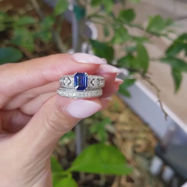 Emerald Cut Sapphire Blue Sterling Silver Bridal Ring Sets