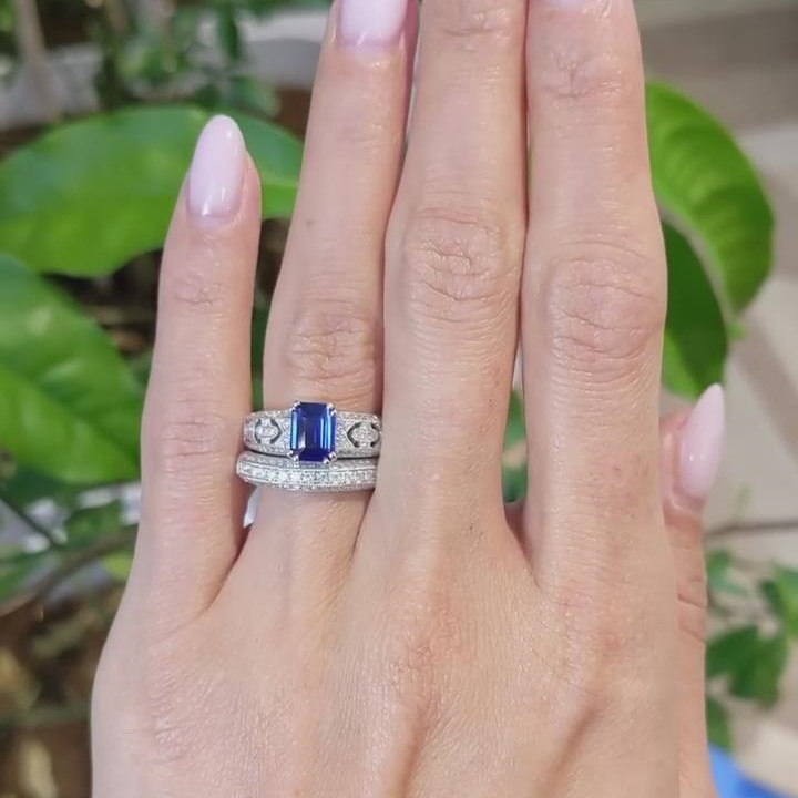 Emerald Cut Sapphire Blue Sterling Silver Bridal Ring Sets