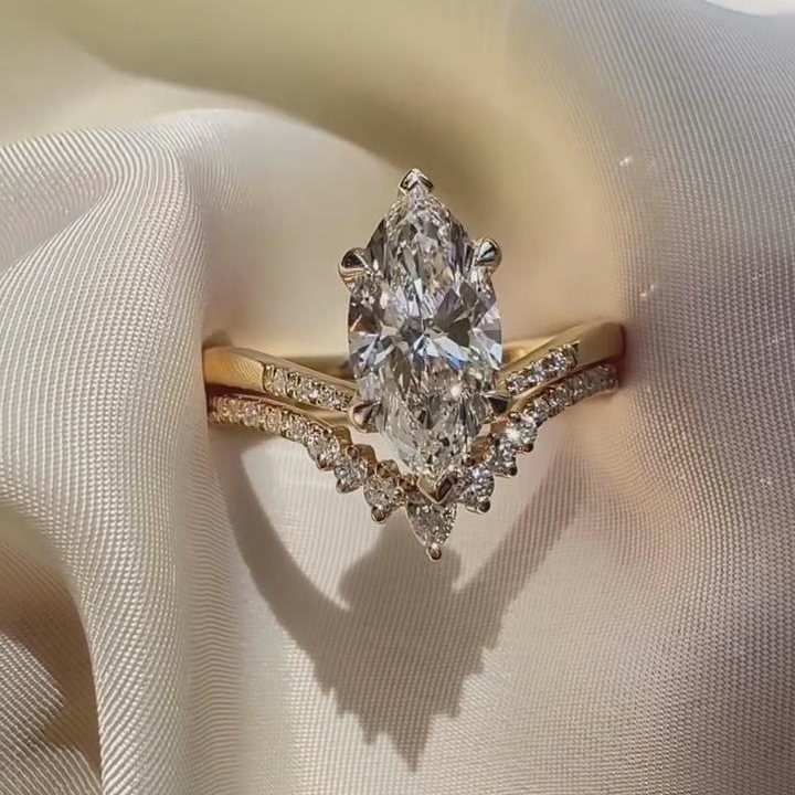 Marquise Cut Diamond White 925 Sterling Silver Yellow Gold Curved Ring Sets
