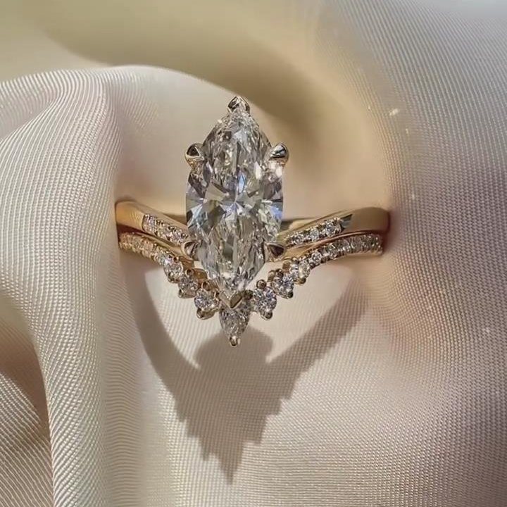Marquise Cut Diamond White 925 Sterling Silver Yellow Gold Curved Ring Sets