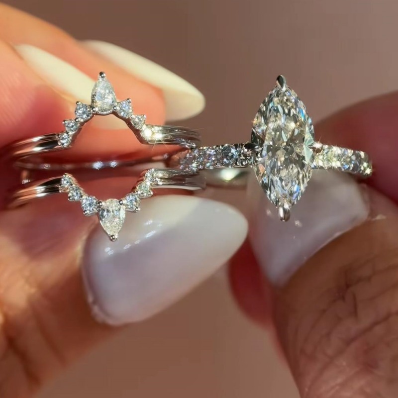Marquise Cut Diamond White 925 Sterling Silver Insert Halo Bridal Ring Sets