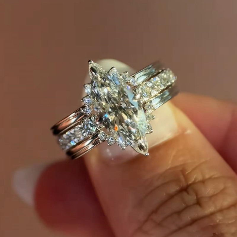 Marquise Cut Diamond White 925 Sterling Silver Insert Halo Bridal Ring Sets