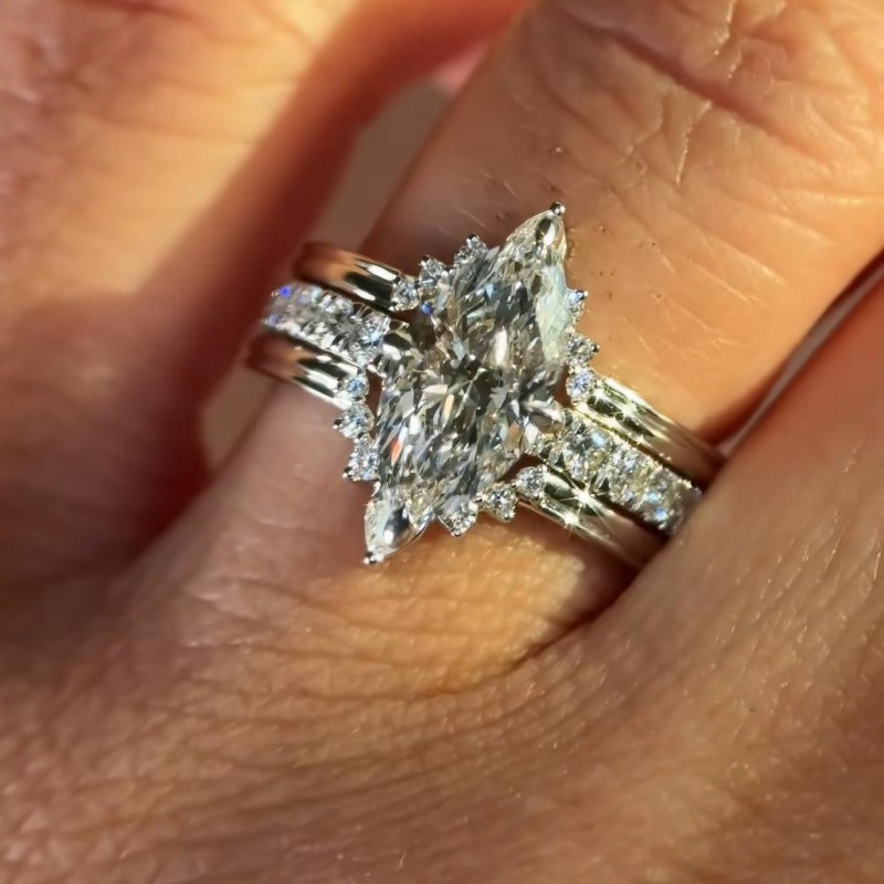 Marquise Cut Diamond White 925 Sterling Silver Insert Halo Bridal Ring Sets