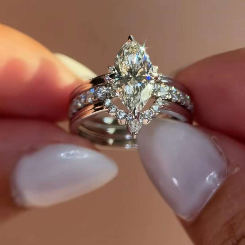 Marquise Cut Diamond White 925 Sterling Silver Insert Halo Bridal Ring Sets