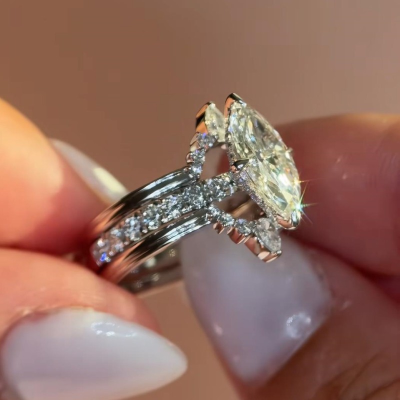 Marquise Cut Diamond White 925 Sterling Silver Insert Halo Bridal Ring Sets