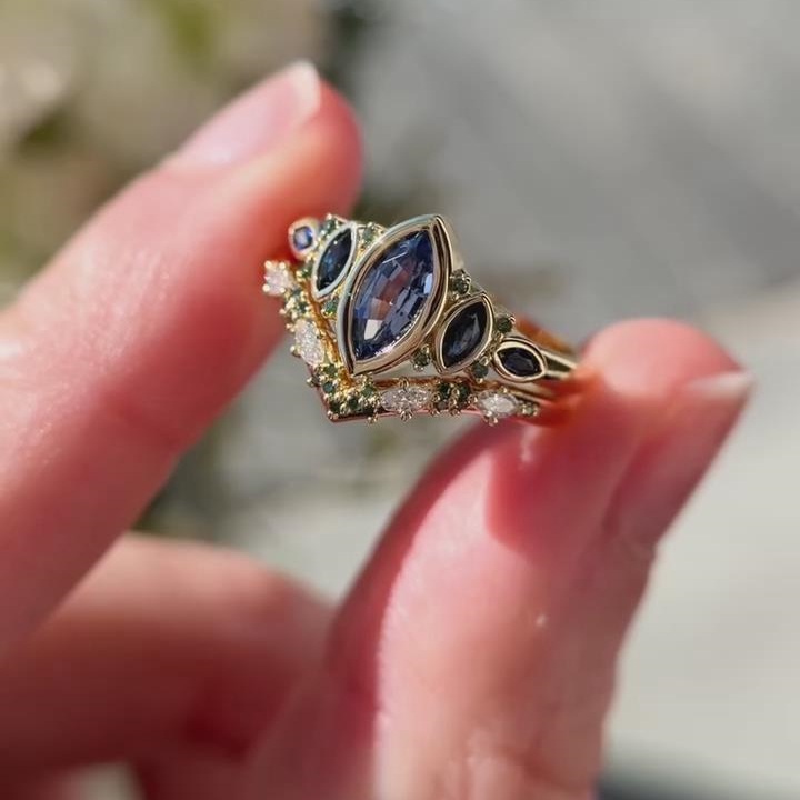 Marquise Cut Sapphire Blue 925 Sterling Silver Yellow Gold Vintage Ring Sets